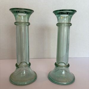 Vintage Pair Green Glass Candle Holders 7"